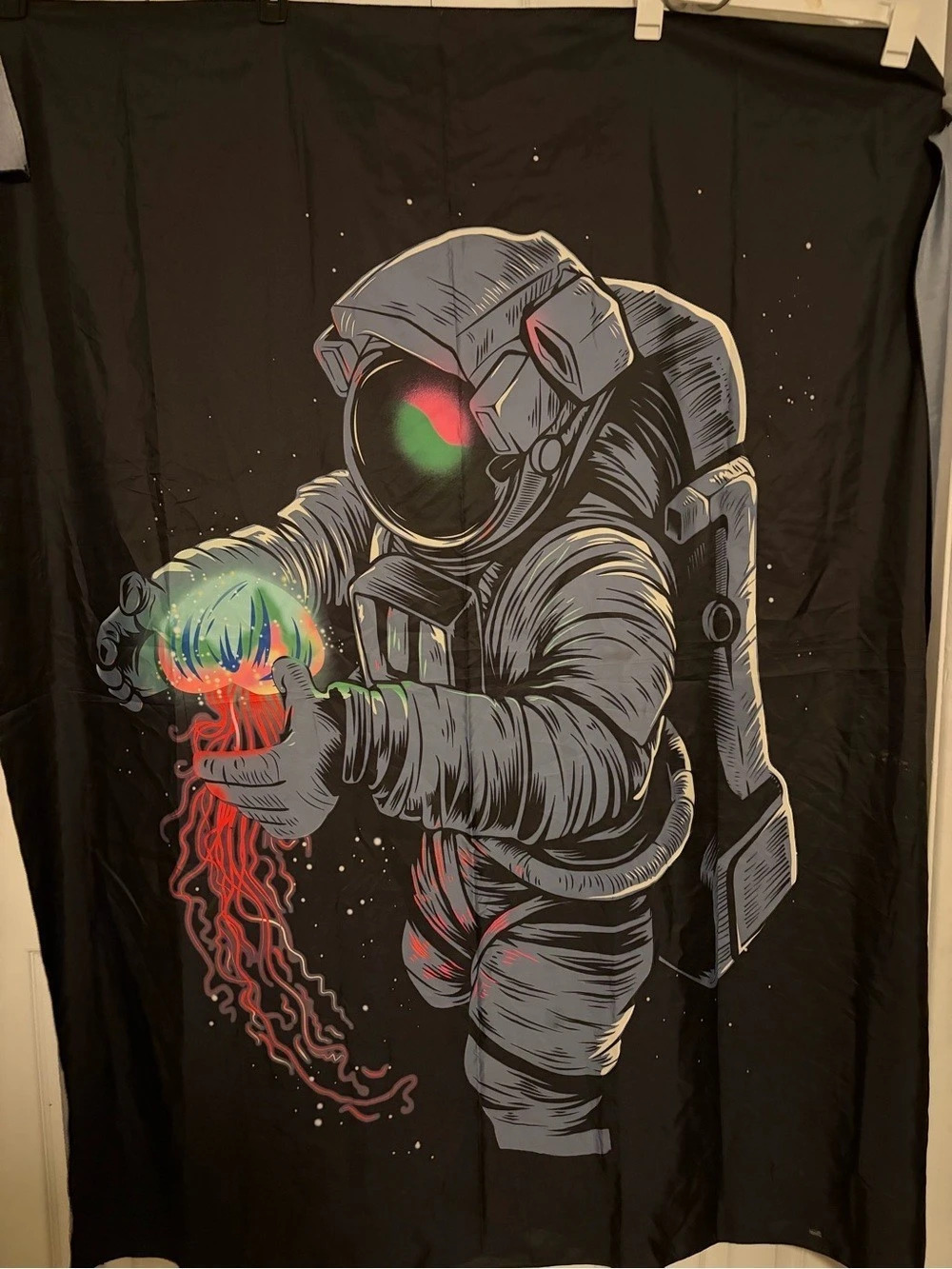 Astronaut Jellyfish Blacklight Tapestry 50x58 UV Reactive Space Wall Decor